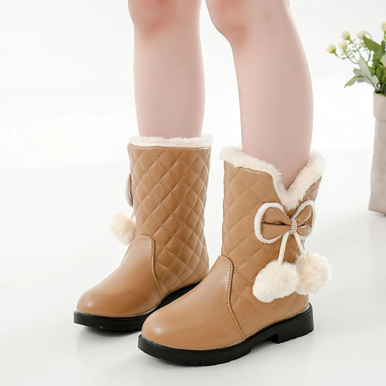 Girls Winter Warm Shoes Mid Calf Snow Boots Faux Fur Lined Warm Booties Non Slip Walking Shoes Little Kids/Big Kids