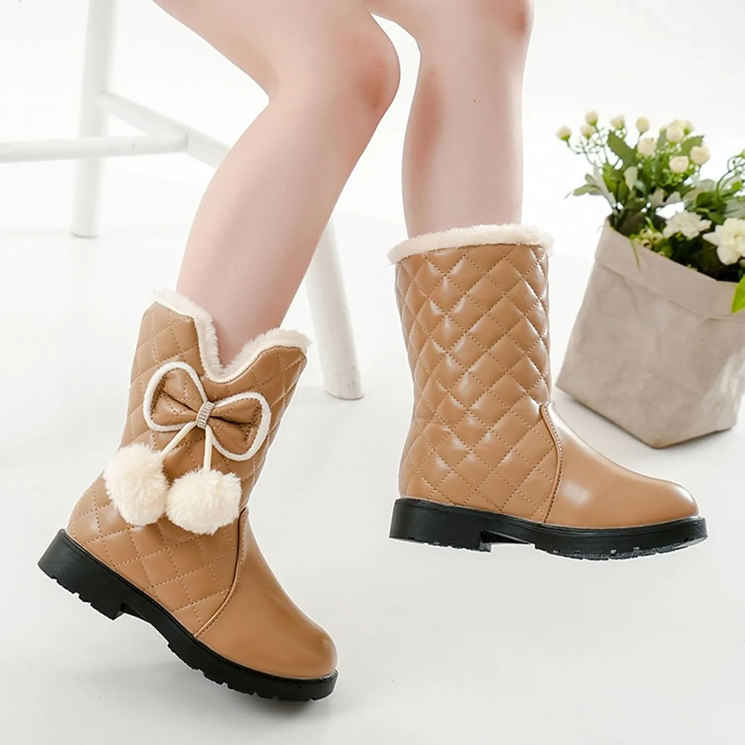 Girls Winter Warm Shoes Mid Calf Snow Boots Faux Fur Lined Warm Booties Non Slip Walking Shoes Little Kids/Big Kids