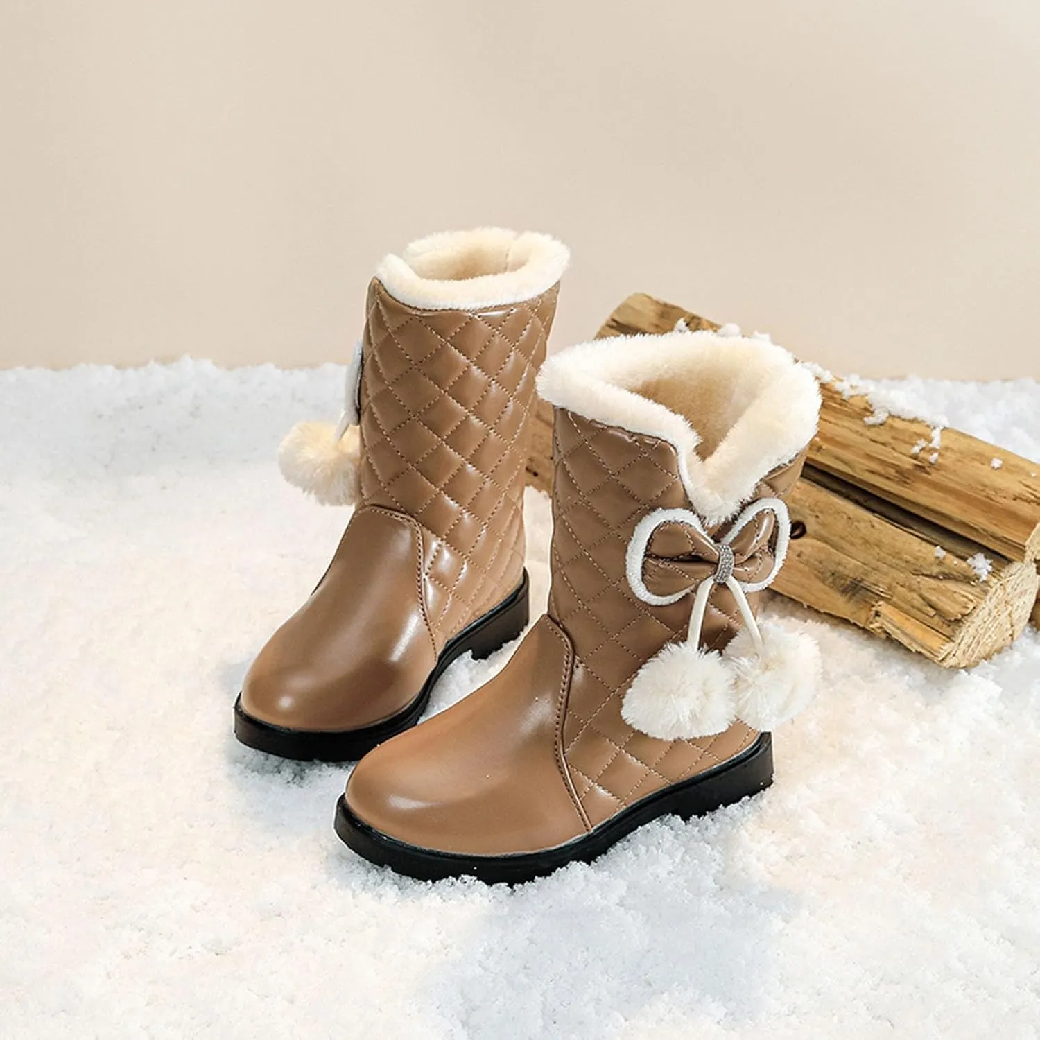 Girls Winter Warm Shoes Mid Calf Snow Boots Faux Fur Lined Warm Booties Non Slip Walking Shoes Little Kids/Big Kids