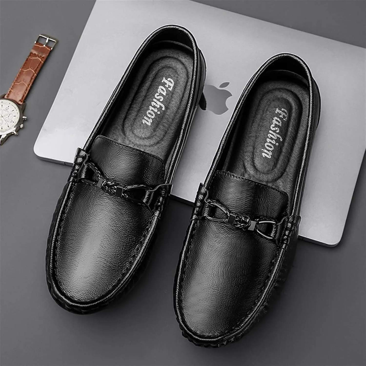 HOOENG Driving Moccasins for Men Lightweight Simple Driving Loafers Leather Flat Heel Resistant Lightweight Flexible Casual Slip On