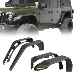 Hooke Road Gladiator JT Flat Fender Flares, Front & Rear Rugged Wheel Fenders w/LED Turn Signal Lights for Jeep Gladiator JT 2020 2021 2022 2023 2024 2025 Pickup Trucks - 4PCS Set