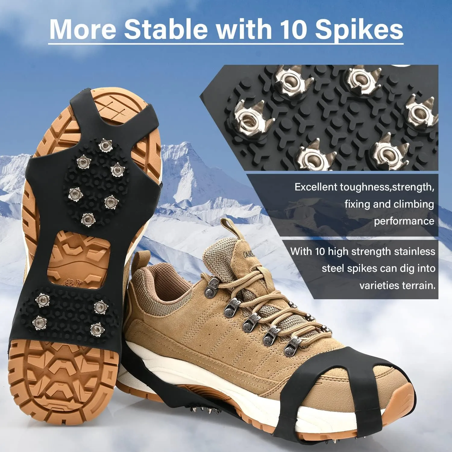 Ice Cleats for Shoes and Boots, Silicone Stainless Steel Spikes,Crampons,Anti-Slip Traction Cleats for Walking or Hiking on Snow and Ice