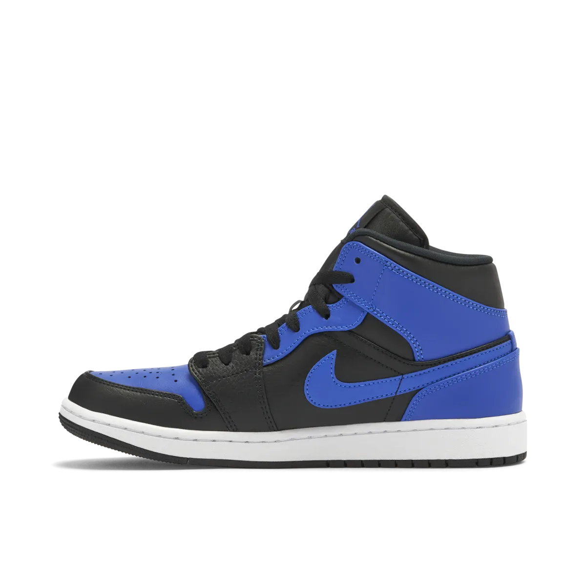 logo - laced shoes arch - hugging shoes Jordan 1 Mid Black Royal Tumbled Leather