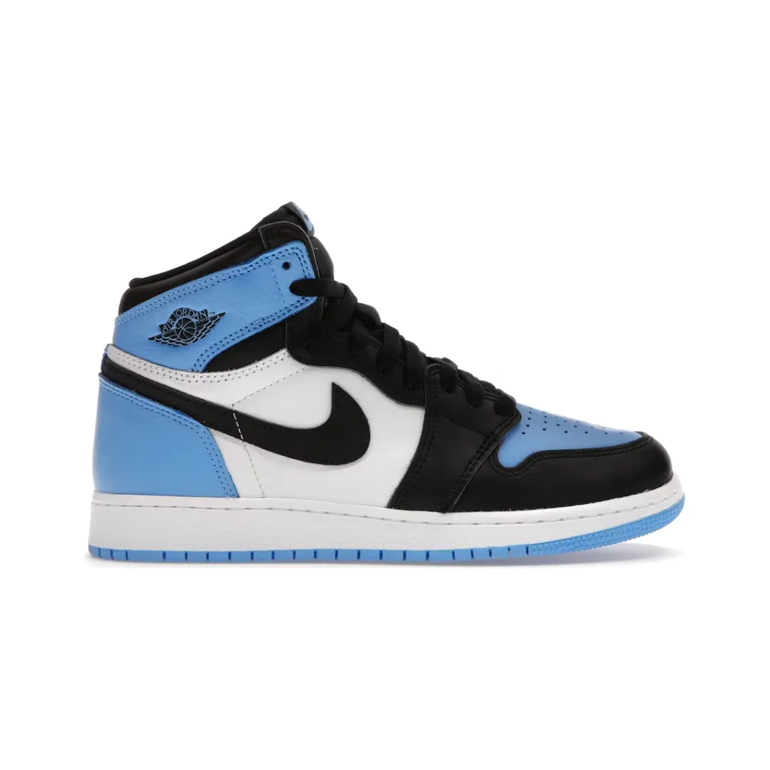 Jordan 1 Retro High OG UNC Toe (GS) running in a stone bridge area shoes