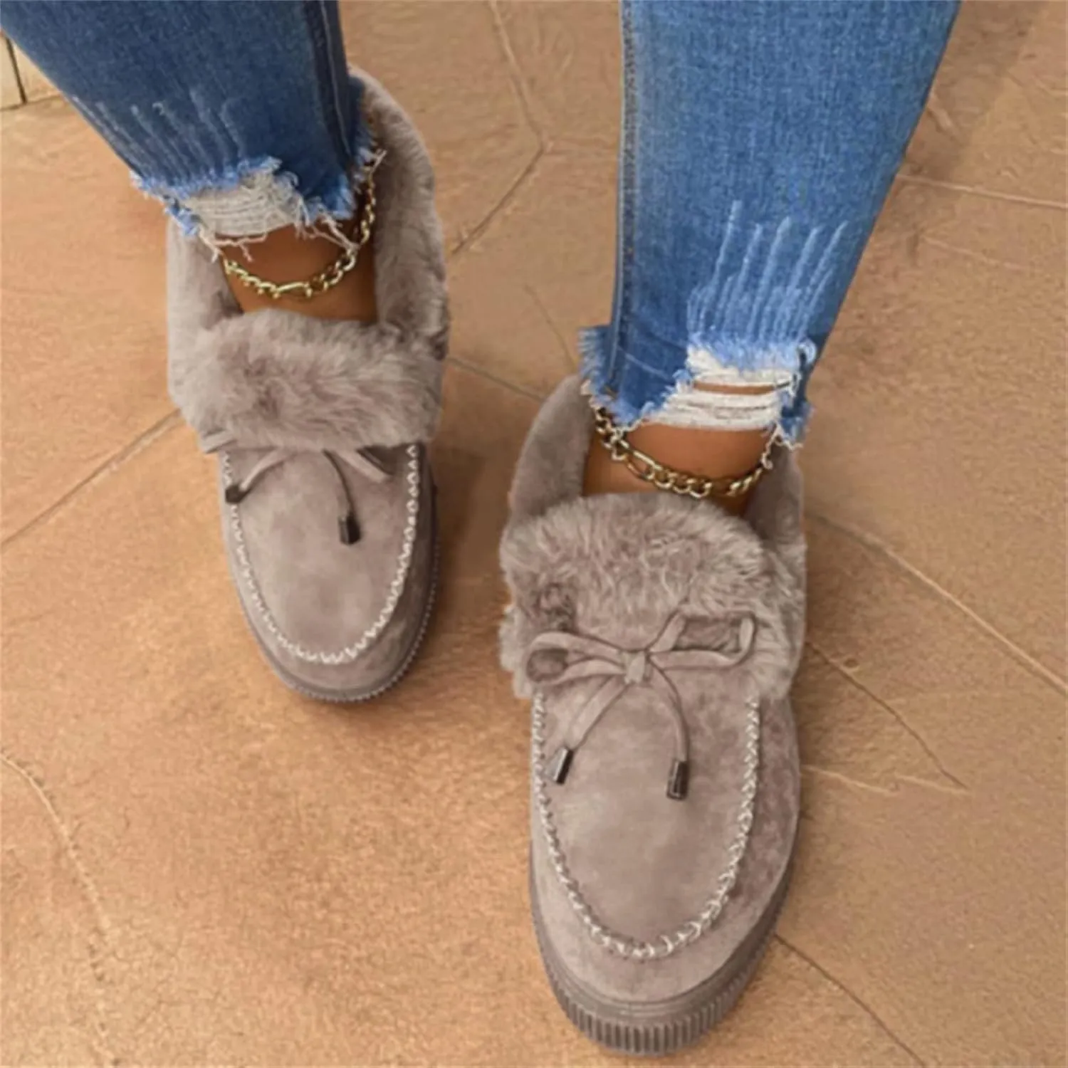 Lausiuoe Snow Boots For Women Wide Width Fluffy Fuzzy Ankle Booties Soft Memory Foam Pull on Fashion Casual Walking Shoes