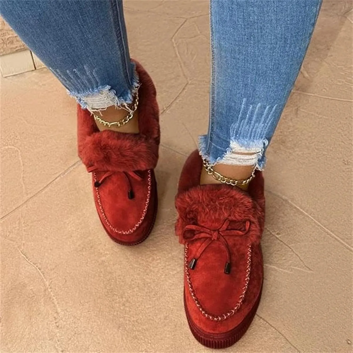 Lausiuoe Snow Boots For Women Wide Width Fuzzy Ankle Bootie Winter Warm Fluffy Silp On Comfortable Casual Fashion Loafers