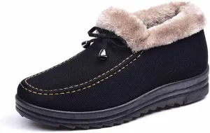 LAVAEGG Womens Moccasin Suede Snow Boots,Fur Lining Ankle Loafers,Casual Platform Shoes (Black,6.5)