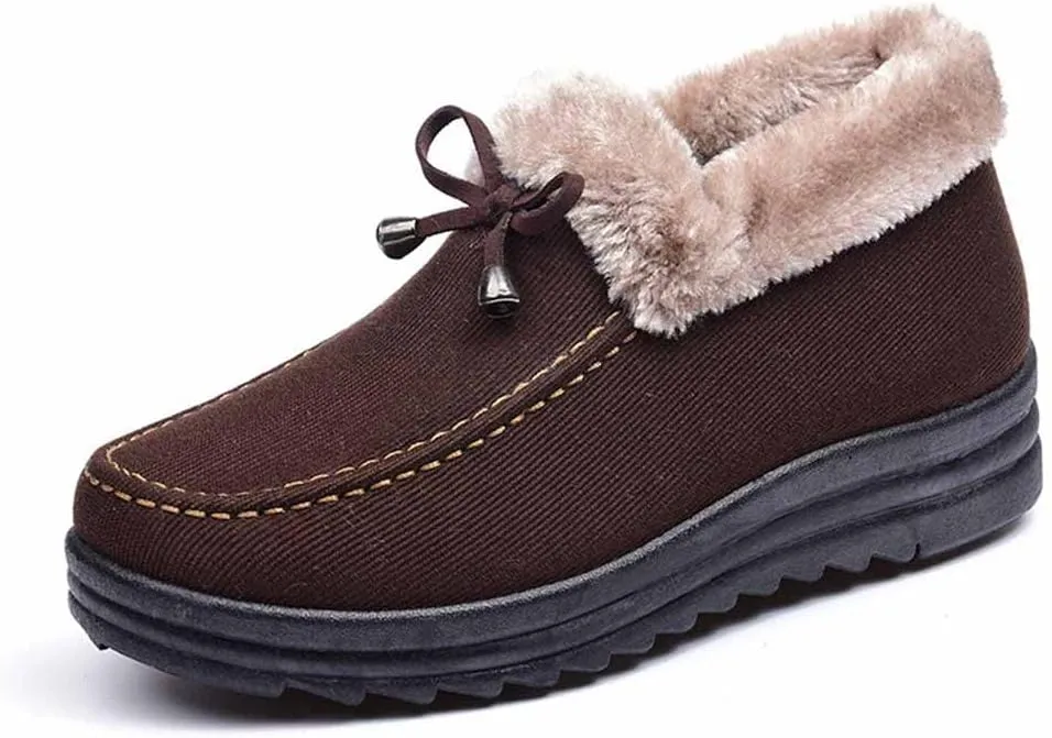LAVAEGG Womens Moccasin Suede Snow Boots,Fur Lining Ankle Loafers,Casual Platform Shoes (Coffee,9.5)