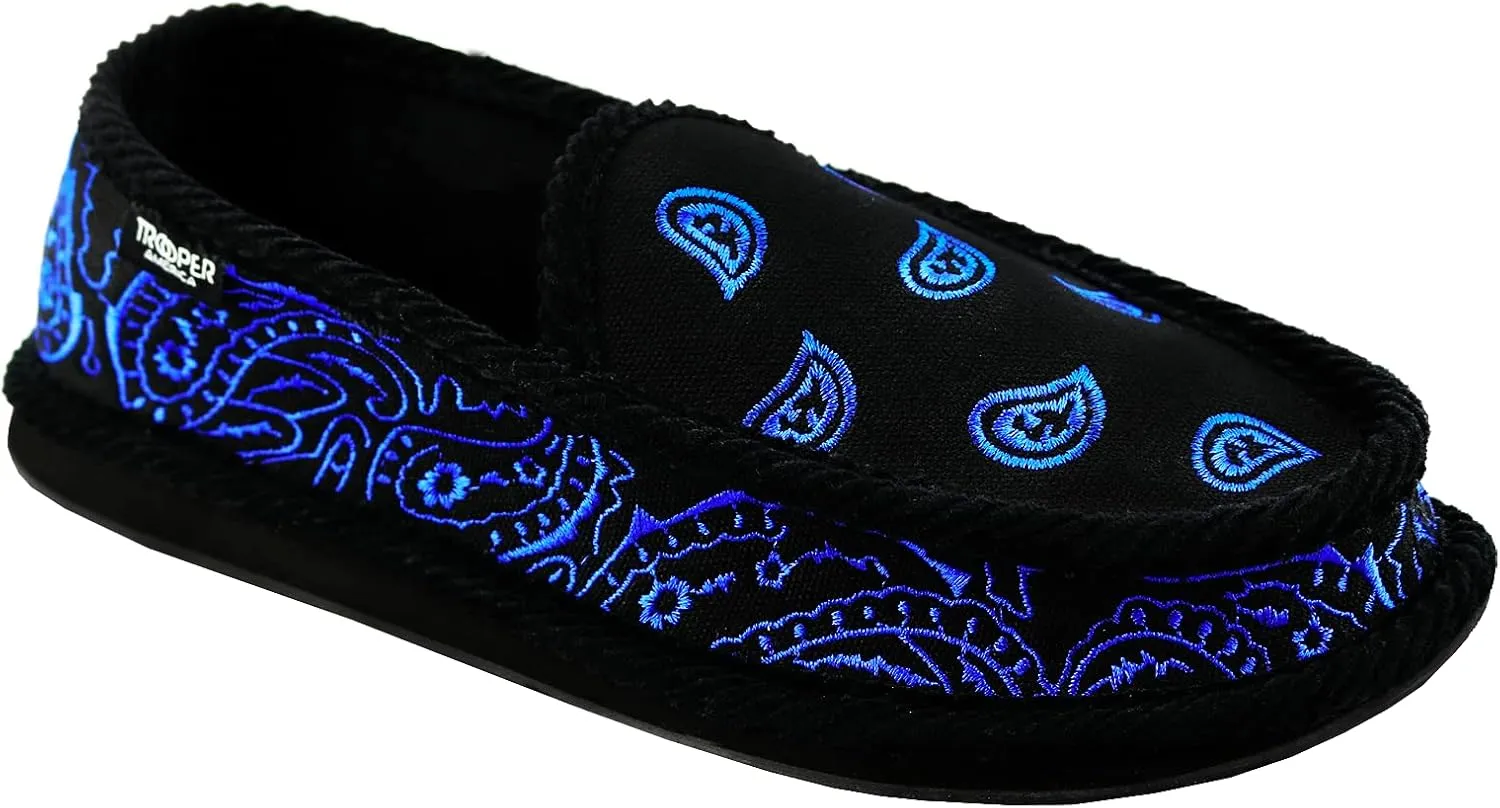Men KS-002E Black/Royal Embroidered Bandana Paisley Slip-On | Cozy, Colorful House Shoe Slippers | Ultra Cushion for Indoor and Outdoor