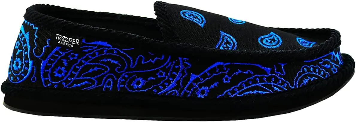 Men KS-002E Black/Royal Embroidered Bandana Paisley Slip-On | Cozy, Colorful House Shoe Slippers | Ultra Cushion for Indoor and Outdoor