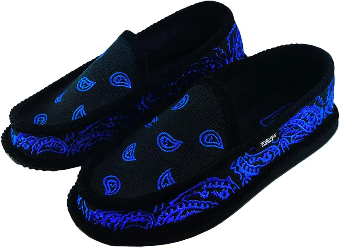 Men KS-002E Black/Royal Embroidered Bandana Paisley Slip-On | Cozy, Colorful House Shoe Slippers | Ultra Cushion for Indoor and Outdoor