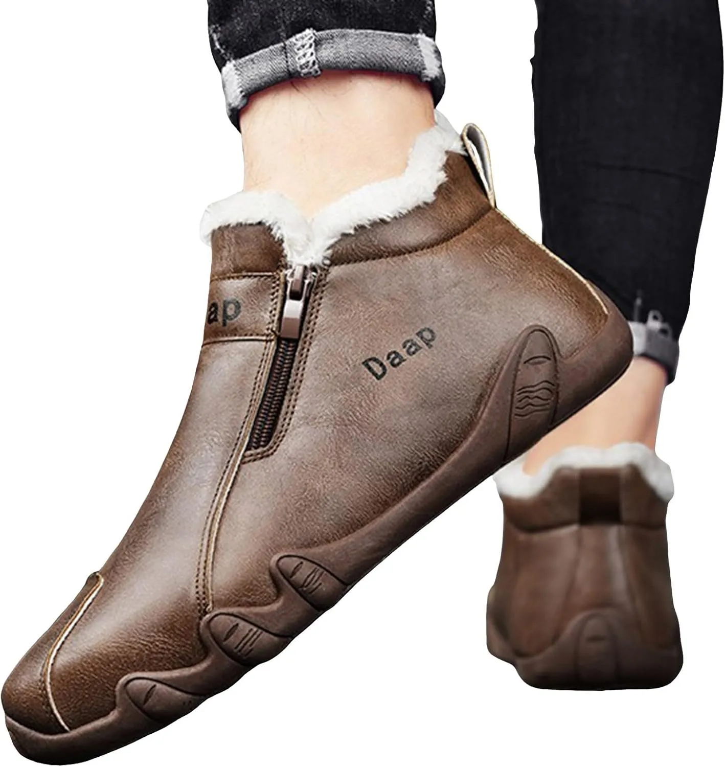 Men's Leather Furry Boots Fleece Lined Warm Winter Boots Water Proof Insulated Mens Light Weight Walking