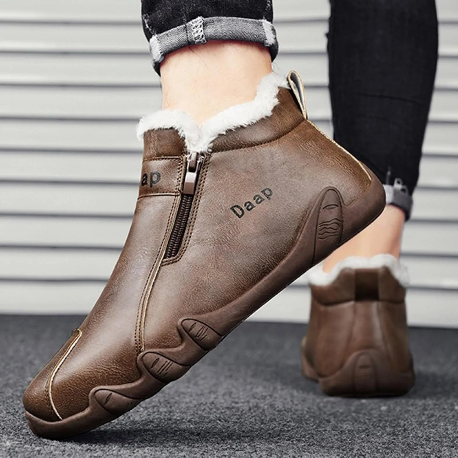 Men's Leather Furry Boots Fleece Lined Warm Winter Boots Water Proof Insulated Mens Light Weight Walking
