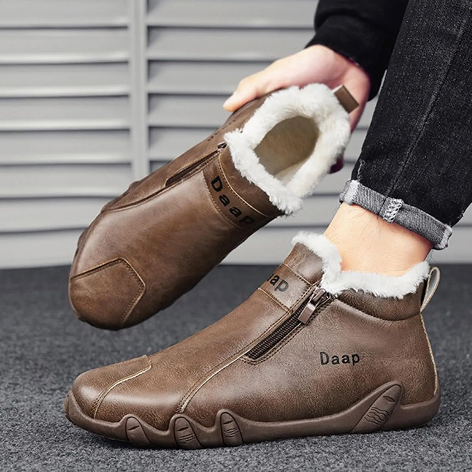 Men's Leather Furry Boots Fleece Lined Warm Winter Boots Water Proof Insulated Mens Light Weight Walking