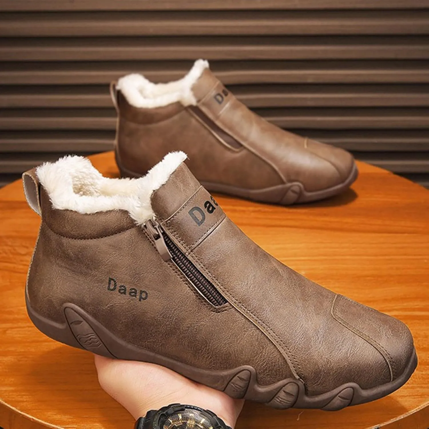 Men's Leather Furry Boots Fleece Lined Warm Winter Boots Water Proof Insulated Mens Light Weight Walking