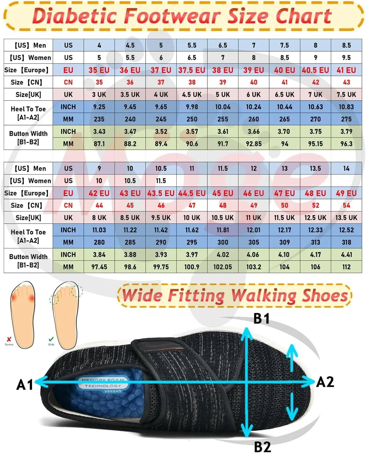Men's Orthopedic Walking Shoes Wide Fit Hook and Loop Memory Foam for Diabetic and Swollen Feet