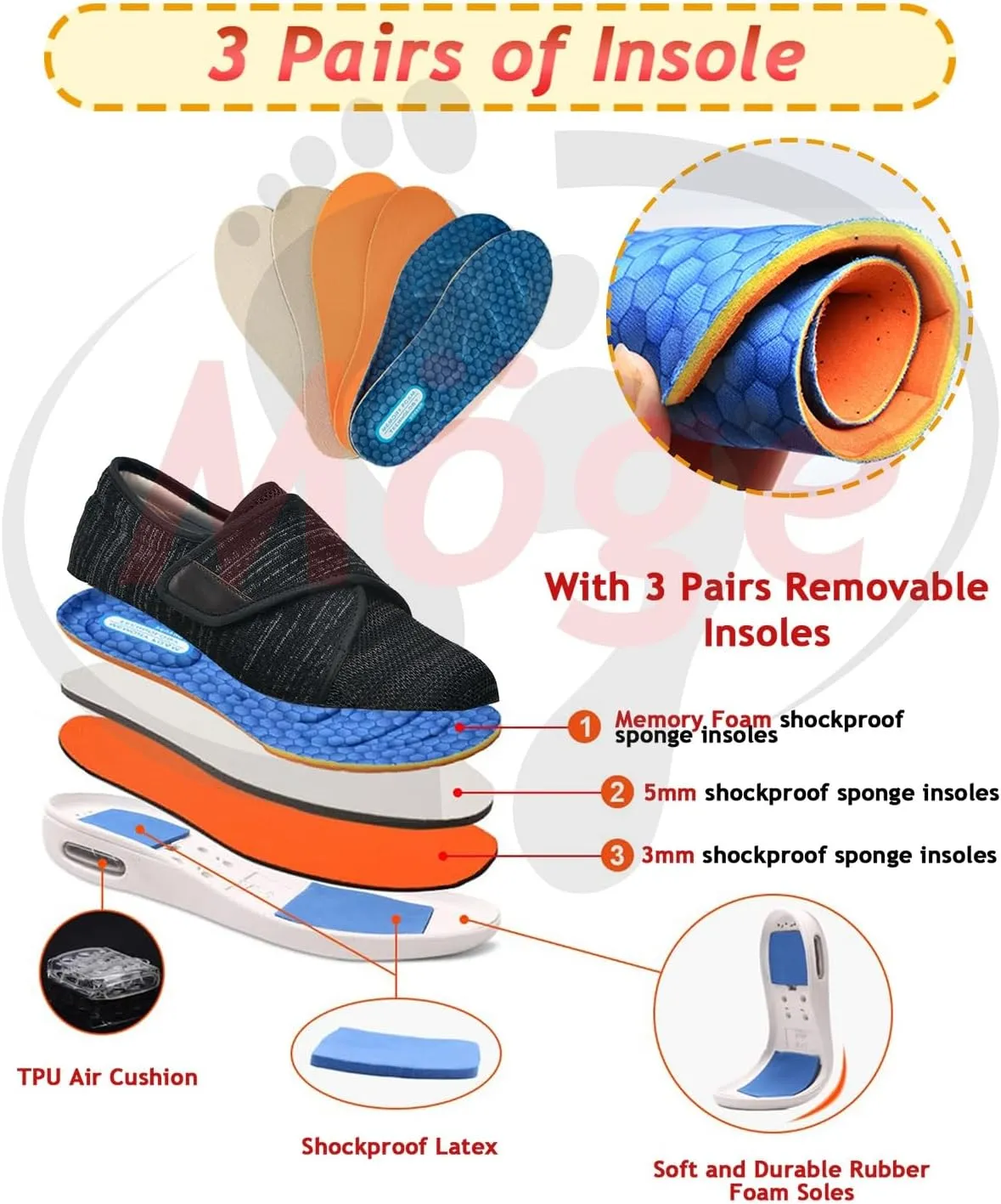 Men's Orthopedic Walking Shoes Wide Fit Hook and Loop Memory Foam for Diabetic and Swollen Feet