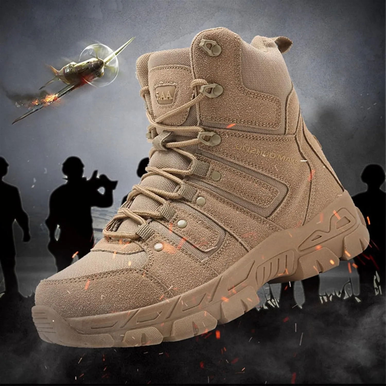 Mens Plus Size High Top Tactical Boots, Men's Side Zipper Breathable Anti-Slip Wear Resistant Tactical Boots, Waterproof Outdoor Army Combat Tactical Patrol Boots, for Security