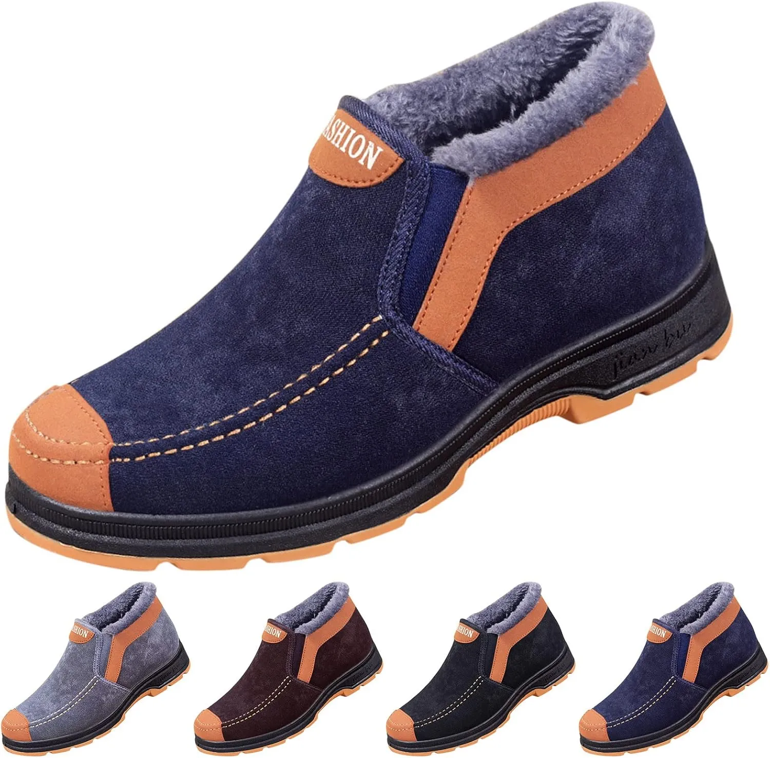 Men's Suede Ankle Boots Classic Slip On Furry Boots Fleece Lined Warm Winter Non Slip Cold Proof Lined Shoes Men