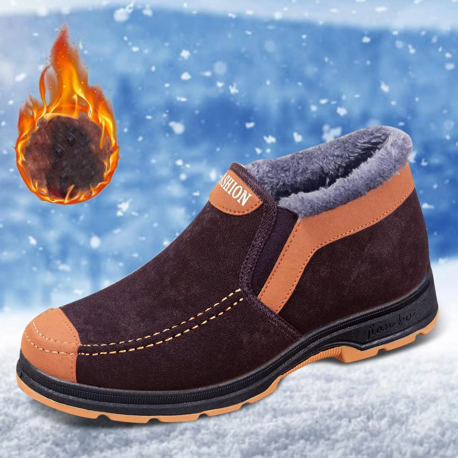 Men's Suede Ankle Boots Classic Slip On Furry Boots Fleece Lined Warm Winter Non Slip Cold Proof Lined Shoes Men