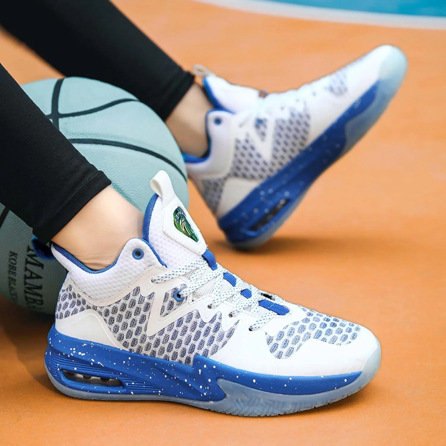 Mens White Mid Top Lace Up Basketball Sneakers Rubber Sole High Elasticity Running Shoes Lightweight and Breathable Casual Sneakers Wear Resistant and Durable Hiking Shoes Fitness Training Shoes