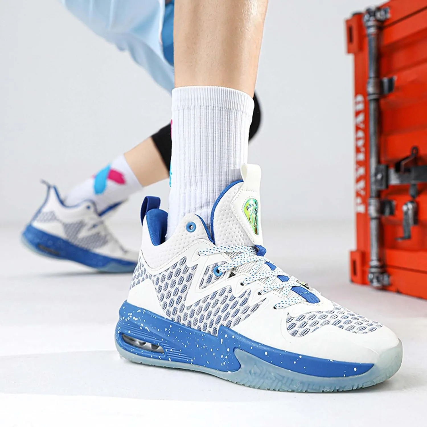 Mens White Mid Top Lace Up Basketball Sneakers Rubber Sole Non Slip Running Shoes Lightweight and Breathable Casual Sneakers Wear Resistant and Durable Fitness Training Shoes Hiking Shoes