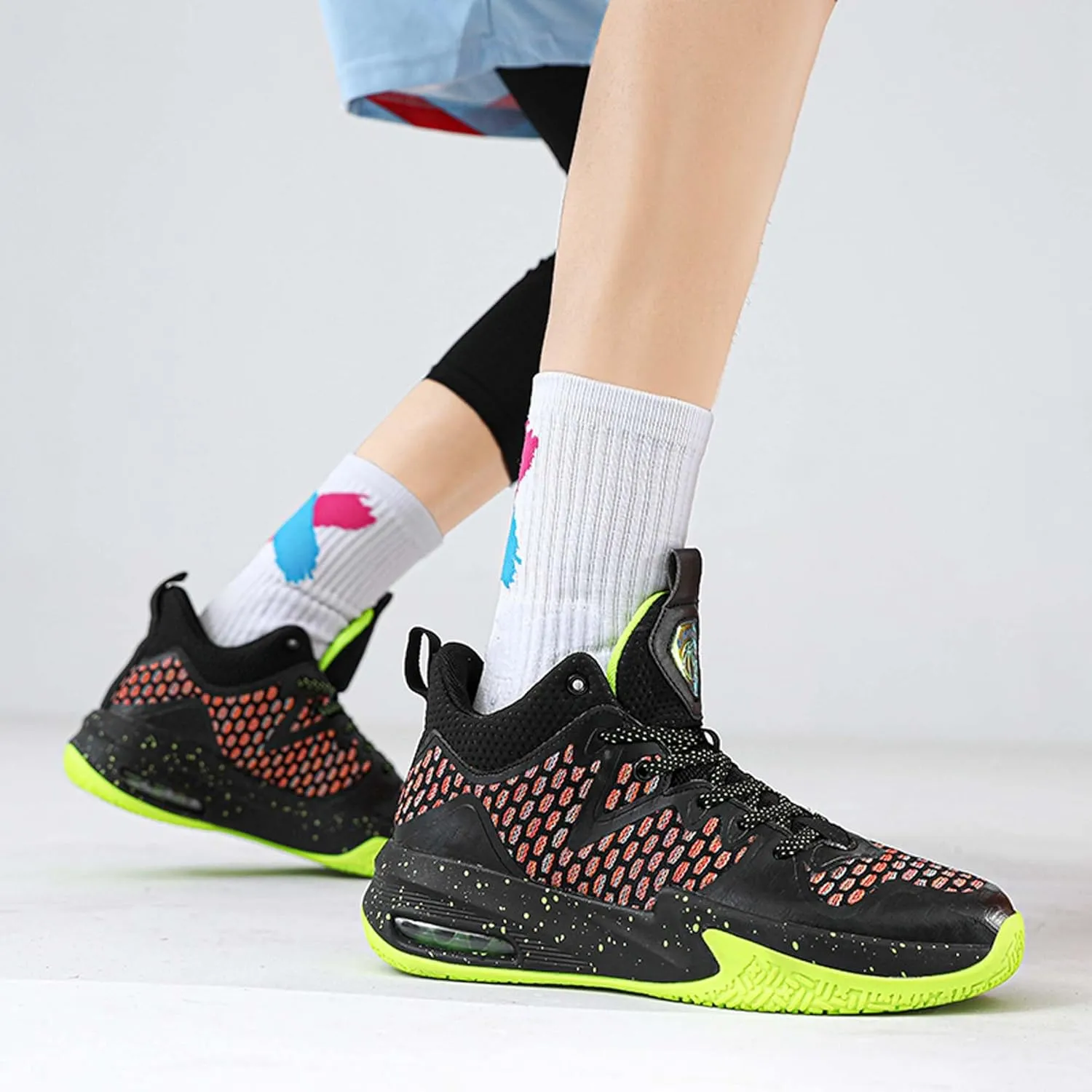 Mens White Mid Top Lace Up Basketball Sneakers Rubber Sole Non Slip Running Shoes Lightweight and Breathable Casual Sneakers Wear Resistant and Durable Fitness Training Shoes Hiking Shoes