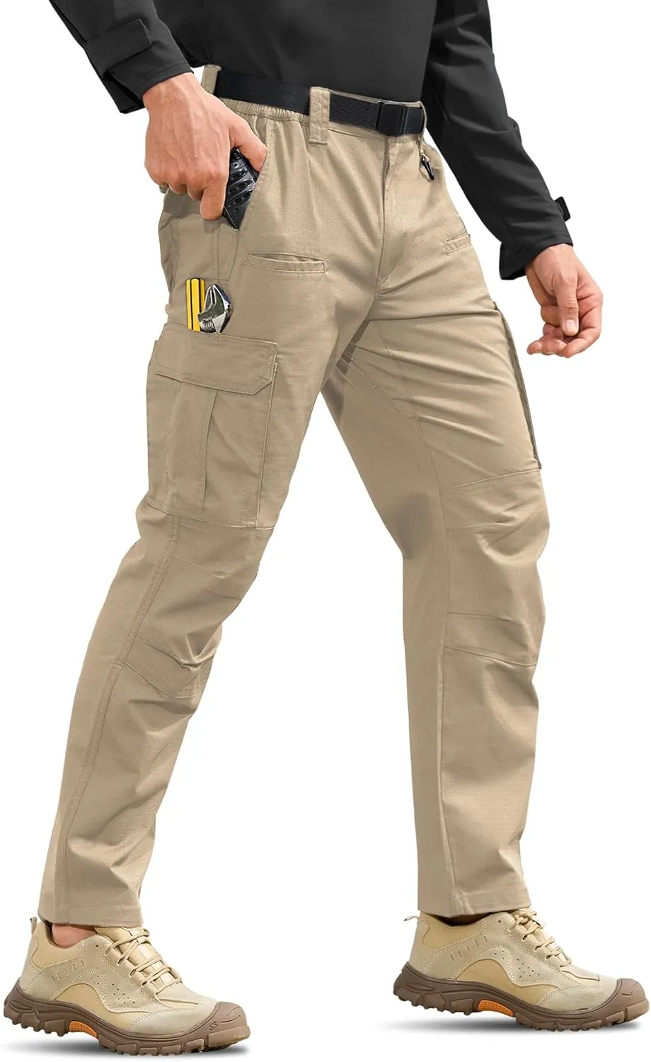 MOURCE Mens Tactical Work Pants, Water Resistant Ripstop Durable Cargo Pants, Outdoor Breathable Hiking Pants Khaki