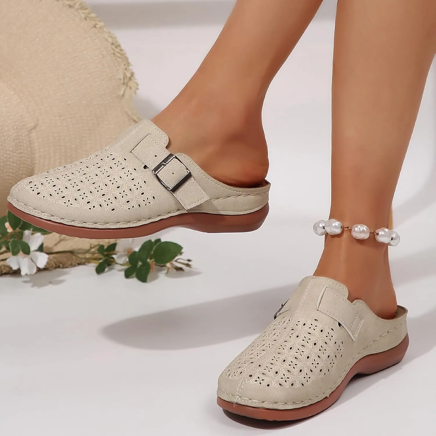 Mules for Women Wedge Sandals Comfortable Clogs with Arch Support Slip on Sandals with Adjustable Hook Loop Casual Closed Toe Mules