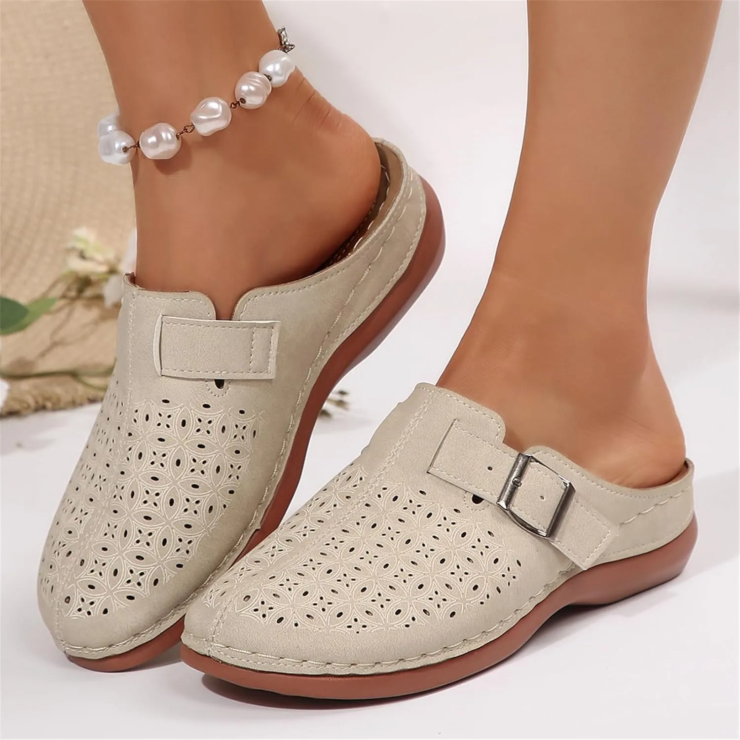 Mules for Women Wedge Sandals Comfortable Clogs with Arch Support Slip on Sandals with Adjustable Hook Loop Casual Closed Toe Mules