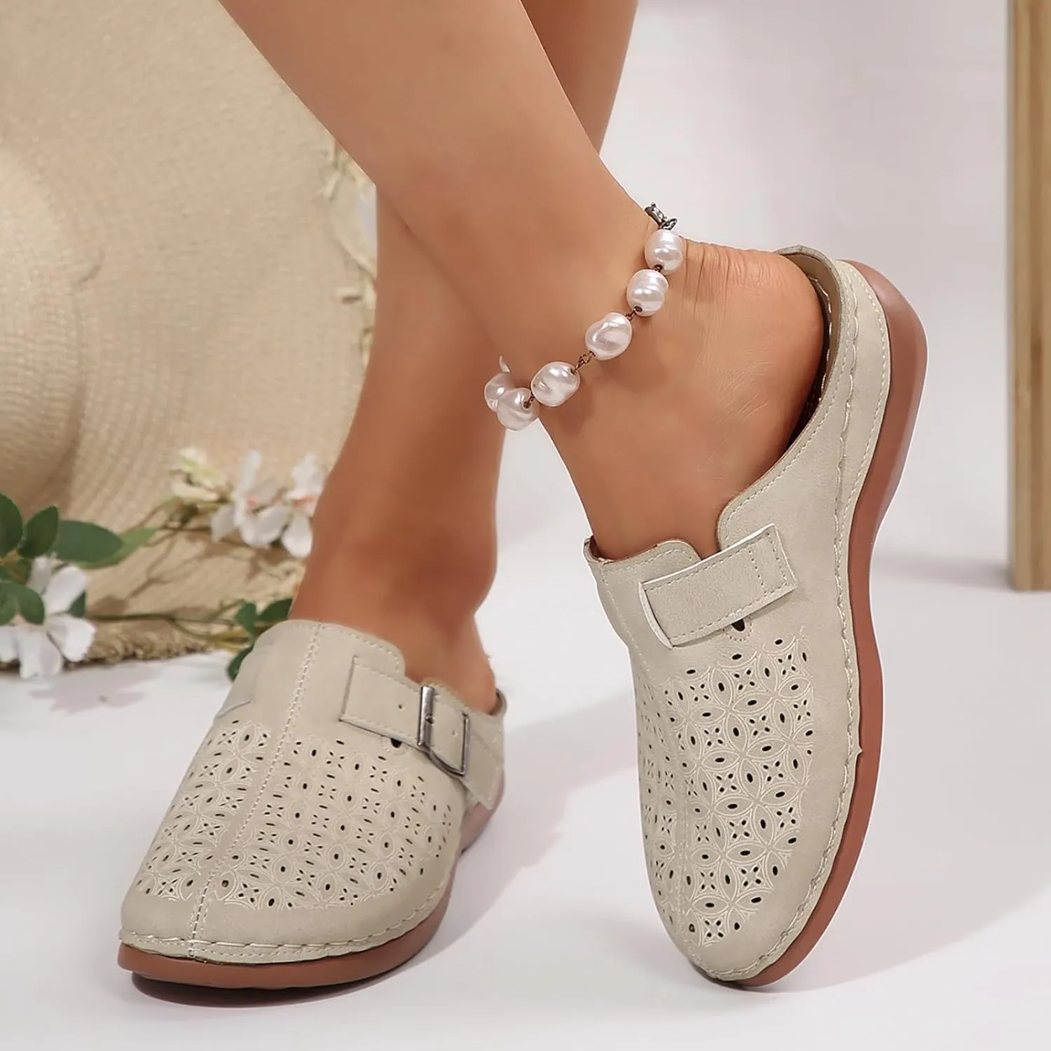Mules for Women Wedge Sandals Comfortable Clogs with Arch Support Slip on Sandals with Adjustable Hook Loop Casual Closed Toe Mules