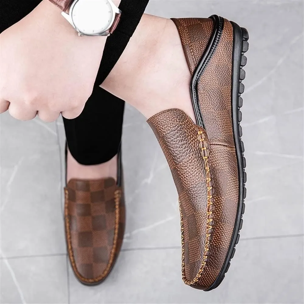 New Men's Loafers Shoes Driving Loafers Plaid Lightweight Leather Lightweight Anti-Slip Flexible Prom Walking Slip-on