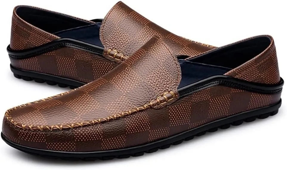 New Men's Loafers Shoes Driving Loafers Plaid Lightweight Leather Lightweight Anti-Slip Flexible Prom Walking Slip-on