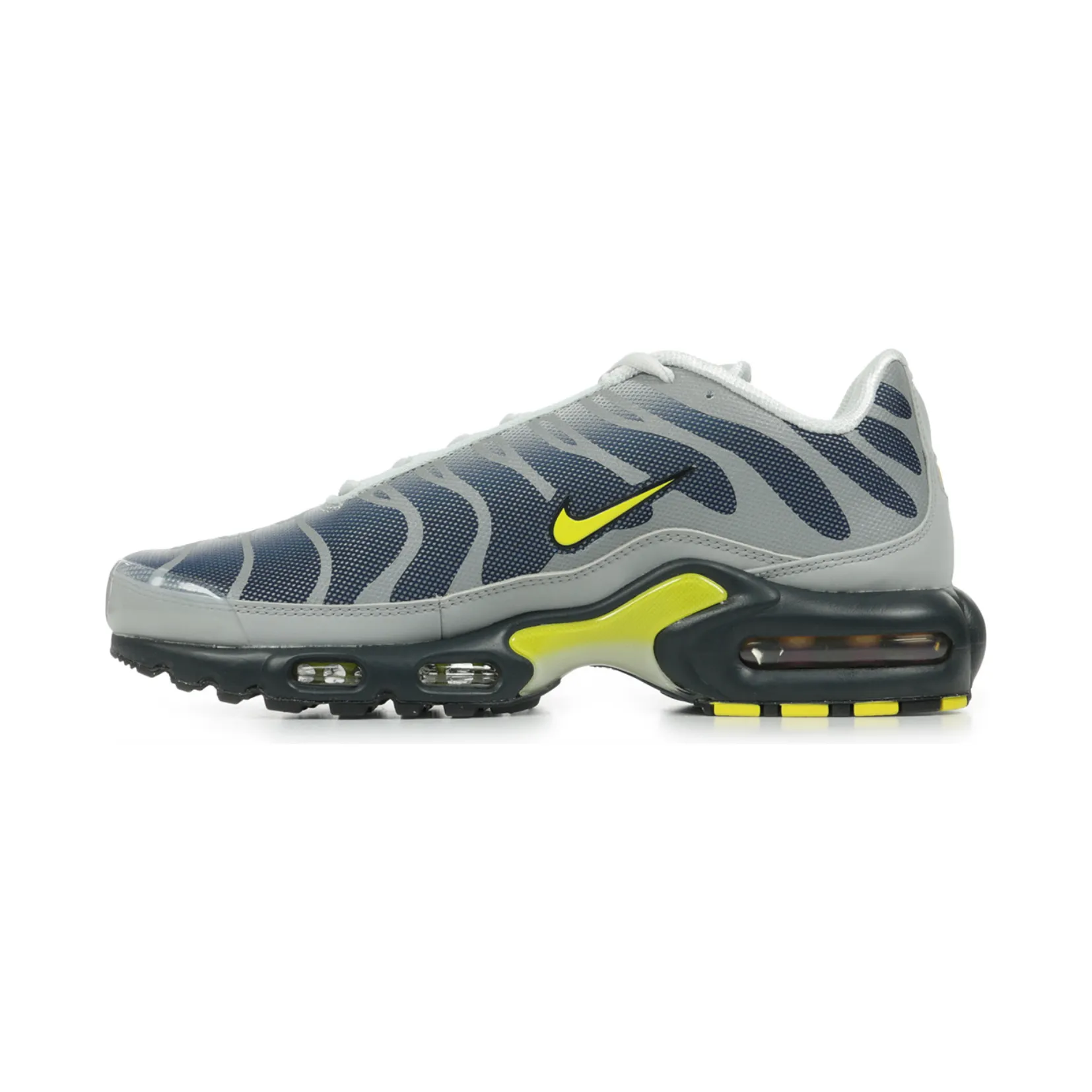Nike Air Max Plus Metallic Silver Opti Yellow Obsidian Torsion Control Groove Hyperelastic Midsole Compound