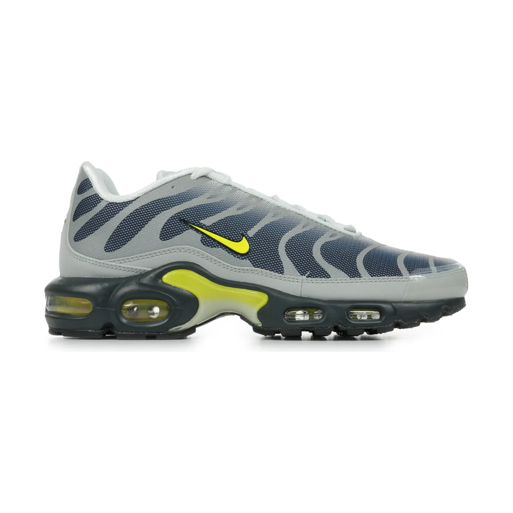 Nike Air Max Plus Metallic Silver Opti Yellow Obsidian Lace   Up Closure