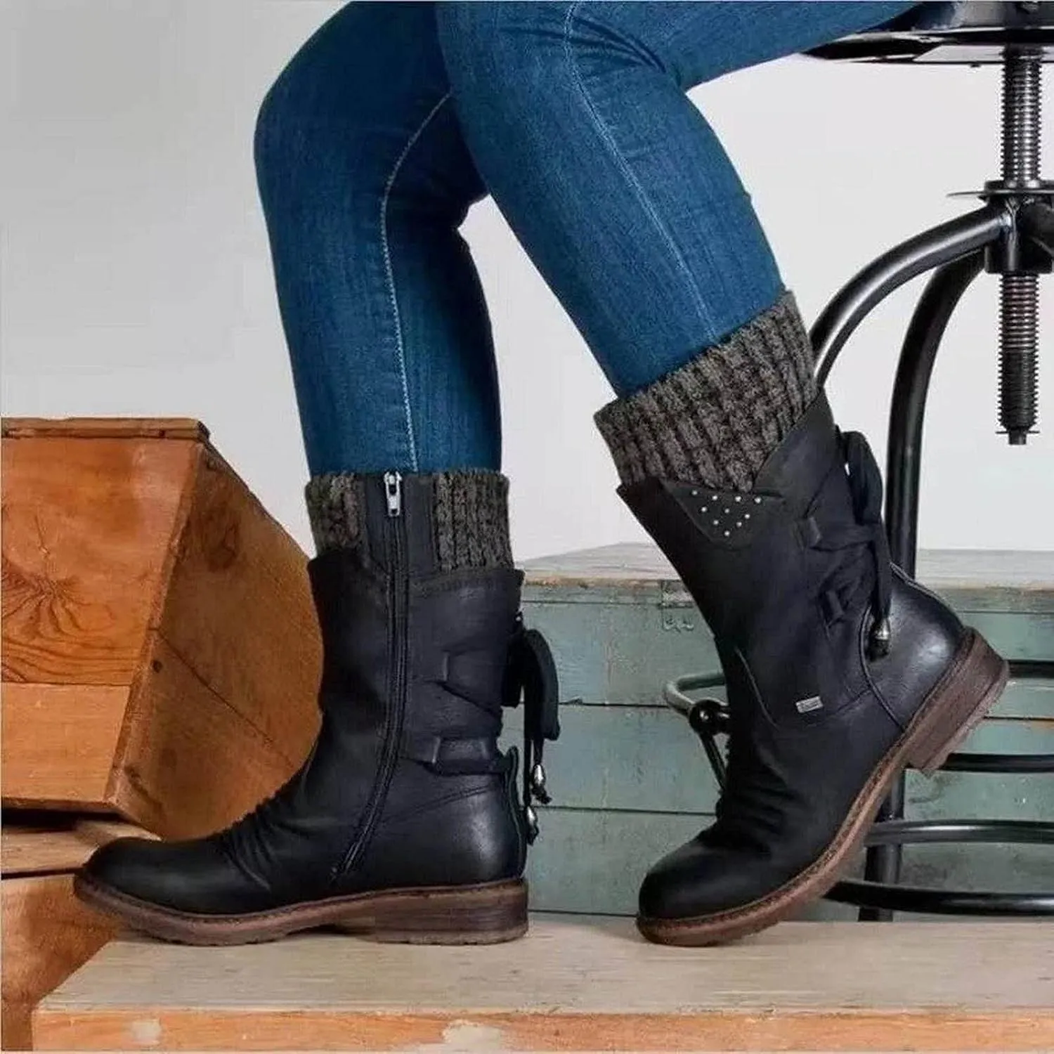 oiangi Womens Mid-calf Snow Boots Fashion Back Strap Woolen Yarn Elastic Round Toe Square Heel Slip-On Boots Winter Outdoor Warm Casual Shoes
