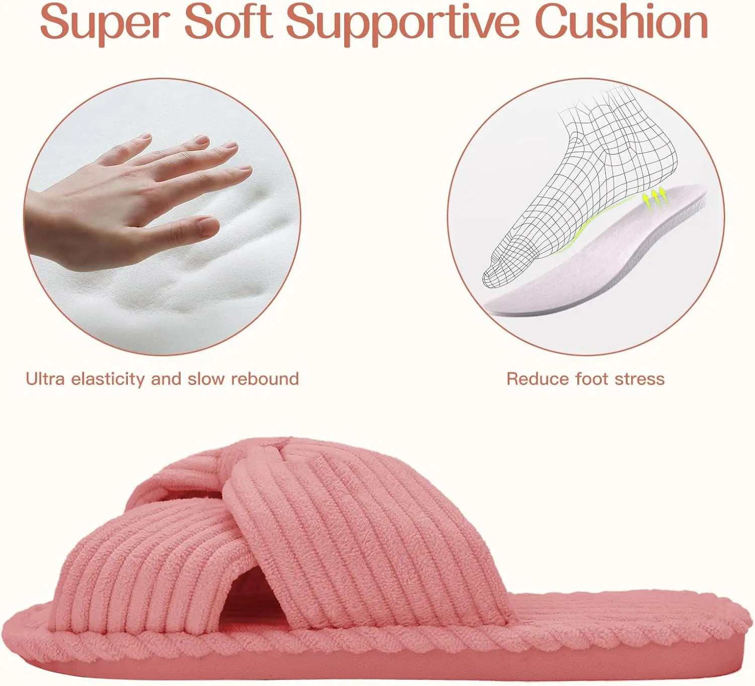 Orthoshoes Memory Foam Slippers for Women House Slippers Indoor Slides Anti Slip Open Toe Corduroy House Shoes for Women Bedroom Spa Wedding Travel Hospital Cozy Comfy
