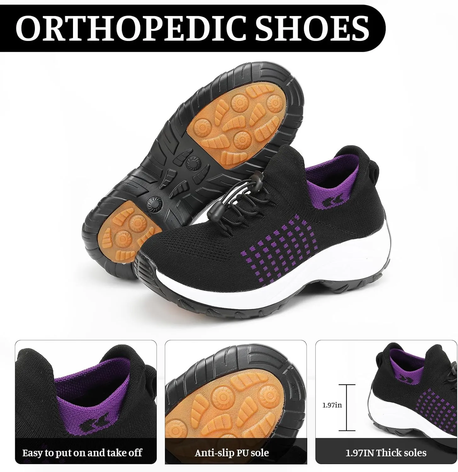 Platform Sneakers for Women Comfort Wear Orthowear Shoes Casual Mesh Breathable Streach Comfortwear Orthopedic Shoes Comfortable Slip-On Running Jogging Shoe with Arch Support