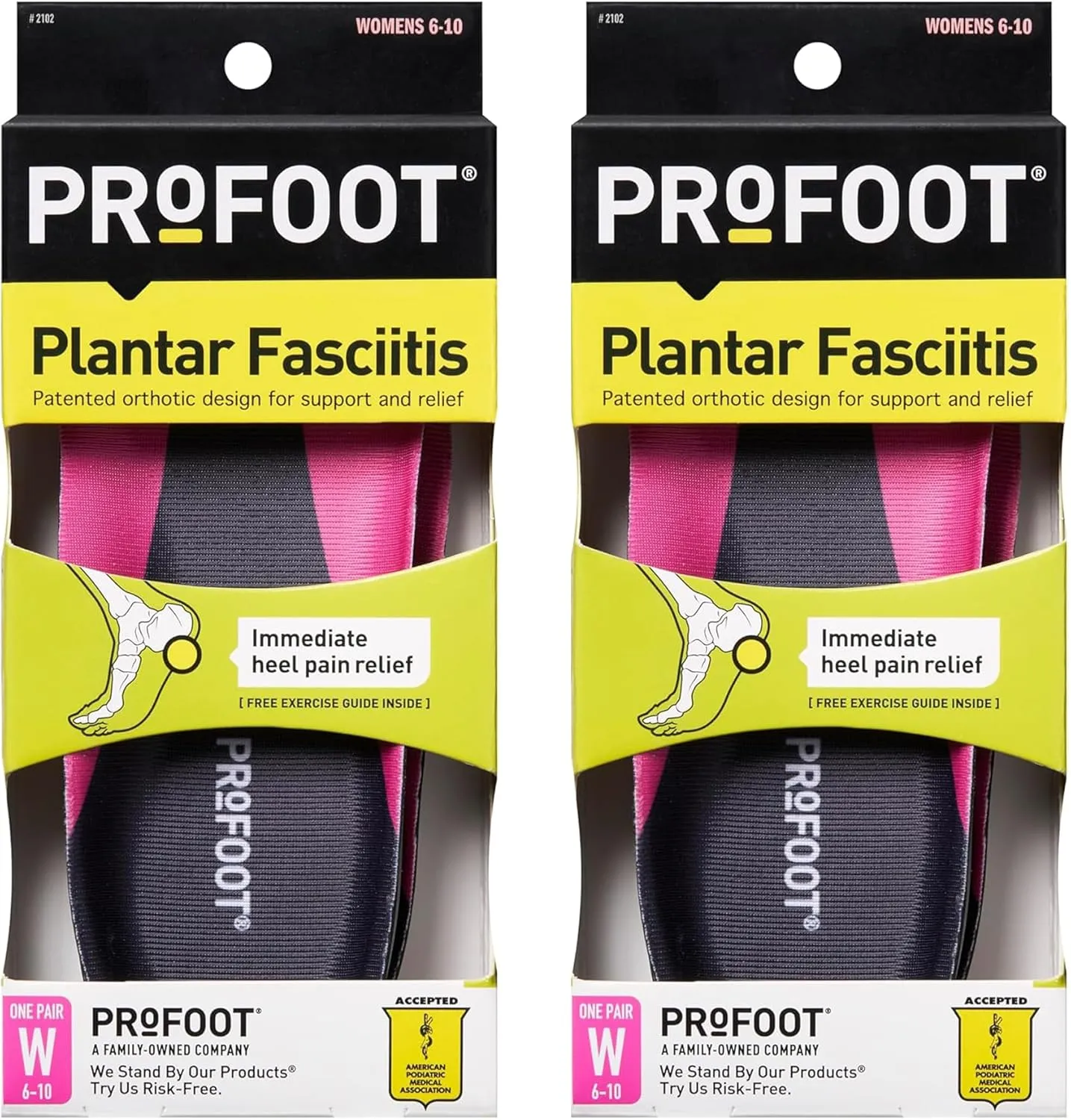 PROFOOT Orthotic Insoles for Plantar Fasciitis & Heel Pain, Women's 6-10, 2 Pair, Gel Heel Shock Absorbing Insoles to Help Reduce Pain & Stress, Foot Care Arch Support Inserts for Shoes