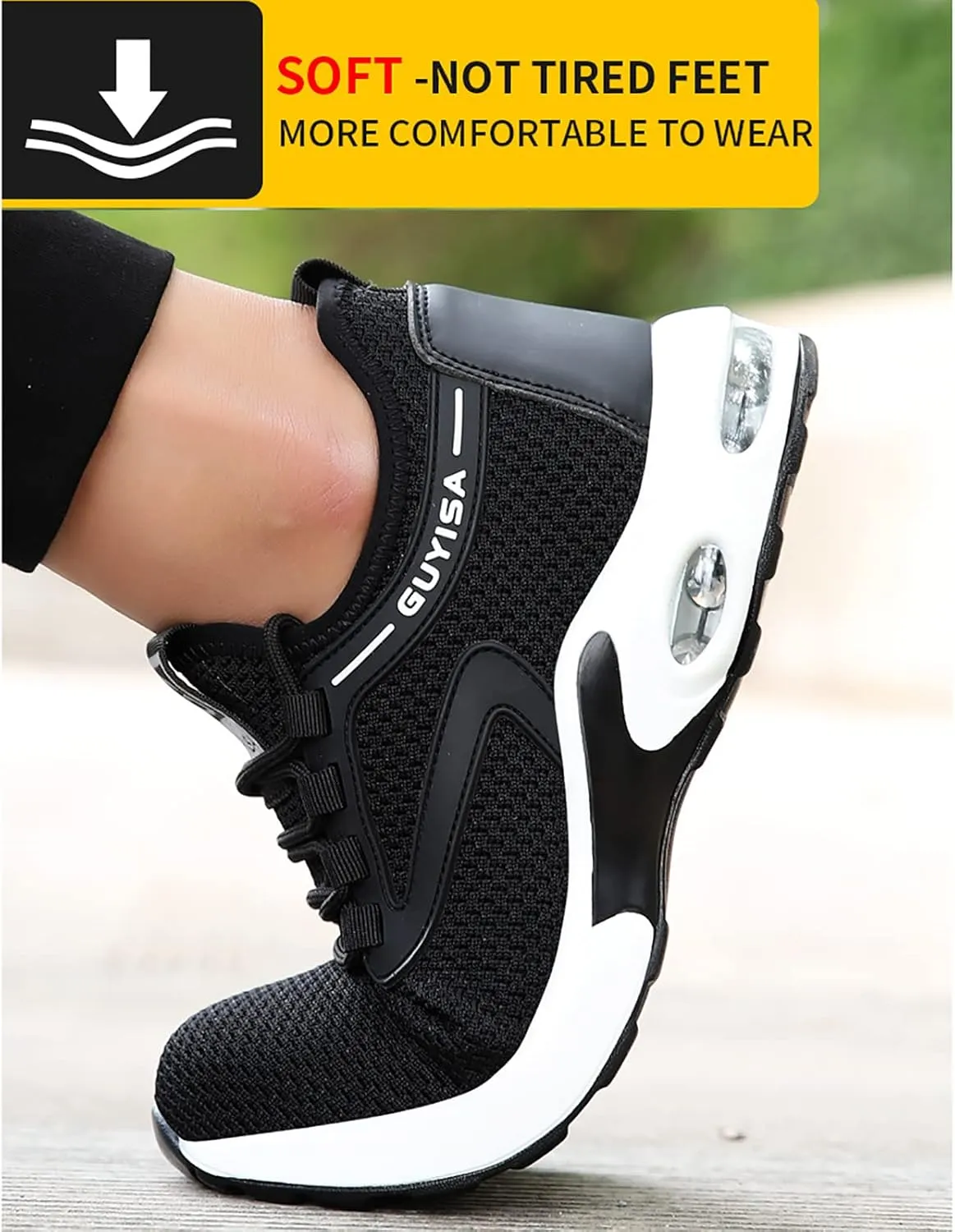 QYHGS Safety Shoes Men Steel Toe Work Trainer Shoes Lightweight Breathable Industrial Non Slip Shoes Women Sneakers,Black-42