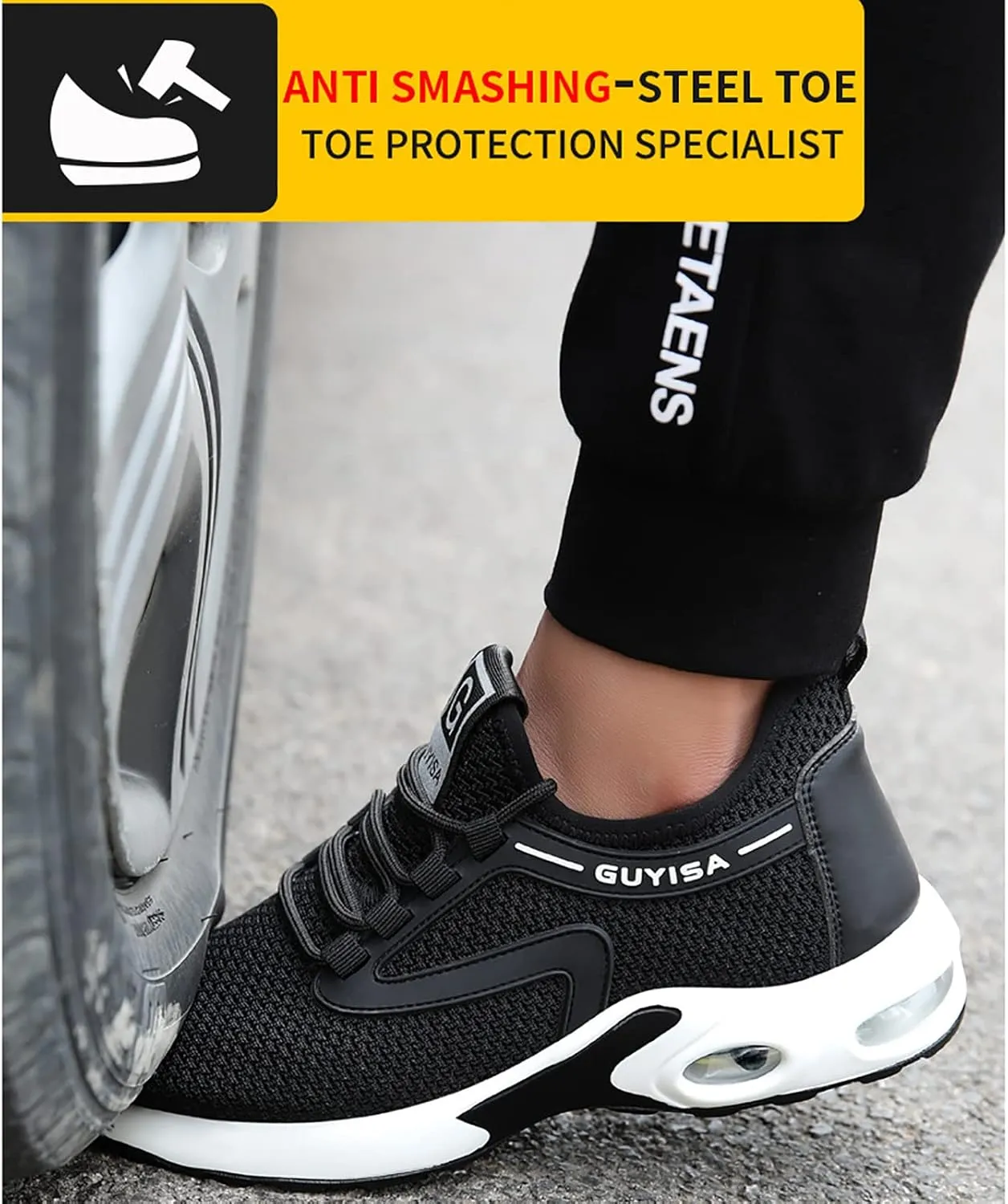 QYHGS Safety Shoes Men Steel Toe Work Trainer Shoes Lightweight Breathable Industrial Non Slip Shoes Women Sneakers,Black-42