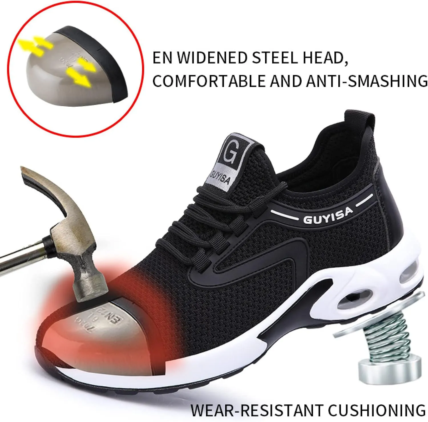 QYHGS Safety Shoes Men Steel Toe Work Trainer Shoes Lightweight Breathable Industrial Non Slip Shoes Women Sneakers,Black-42