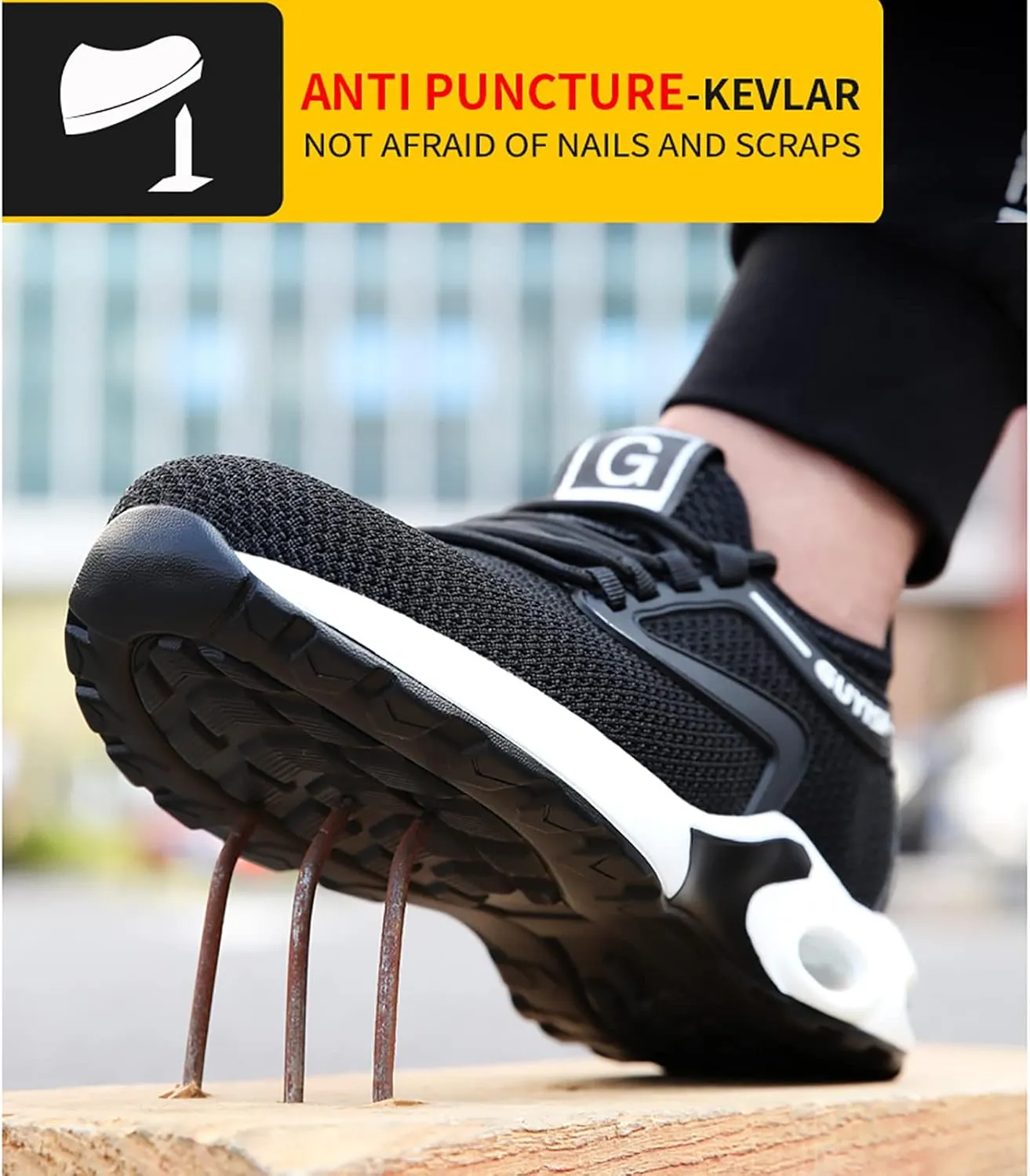 QYHGS Safety Shoes Men Steel Toe Work Trainer Shoes Lightweight Breathable Industrial Non Slip Shoes Women Sneakers,Black-42