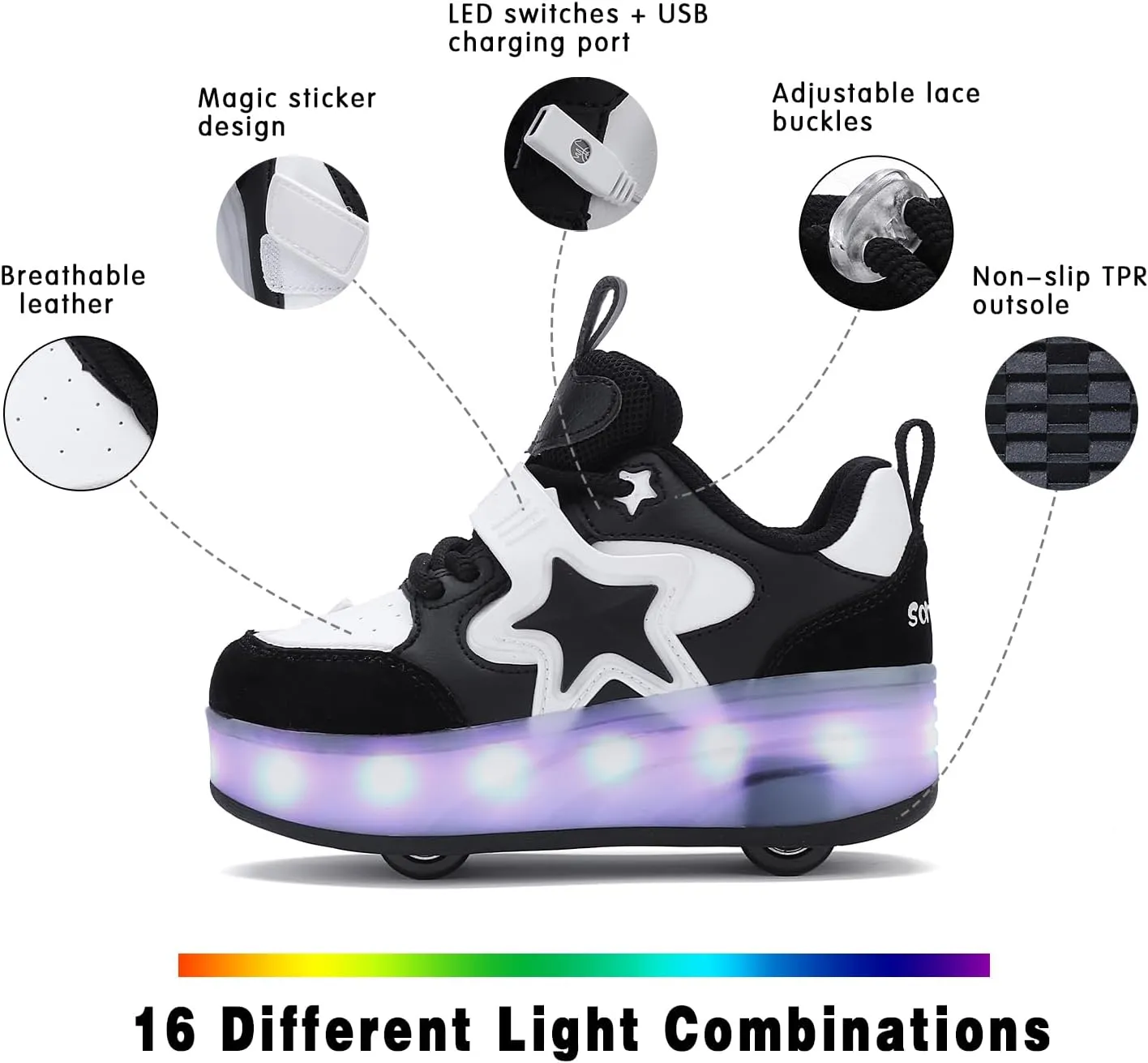 Roller Shoes with 16 LED Combinations for Girls Boys Roller Sneakers with 4-Wheels USB Rechargeable for Christmas Birthday Children Party Show Gift