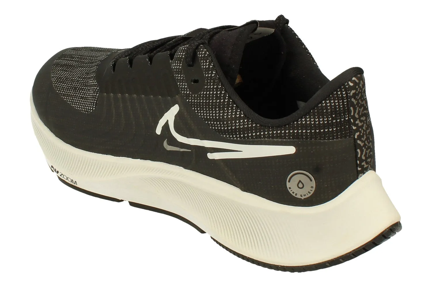 Nike Air Zoom Pegasus 38 Shield | Mens | Black Platinum Tint running in a boardwalk area shoes Everyday Flex