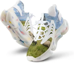 Sheep Eating Grass with Castle Men's Running Shoes Lightweight Walking Shoe Breathable Sneaker