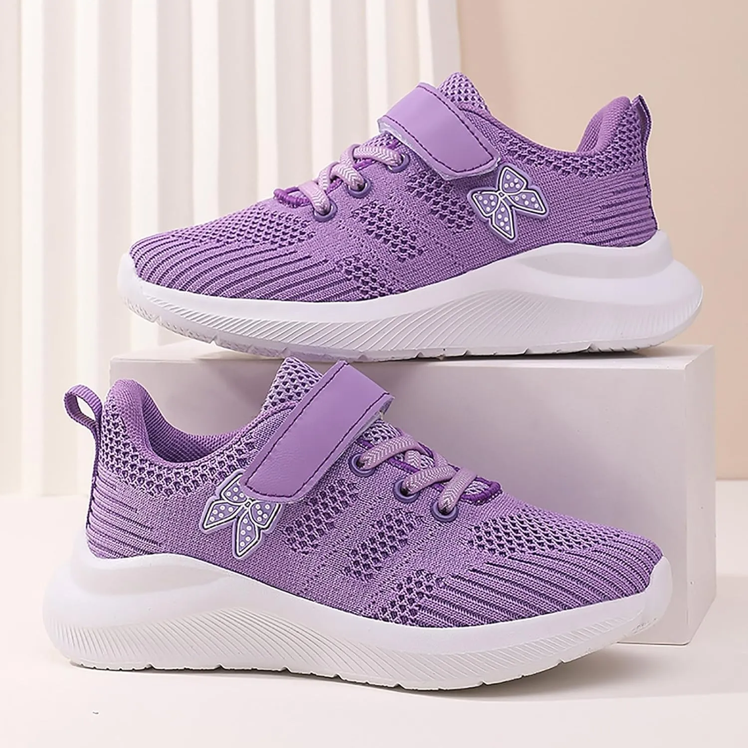 Sneakers for Girls Breathable Knit Mesh Running Shoes with Hook and Loop Kids Sports Lightweight Casual Walking Sneakers