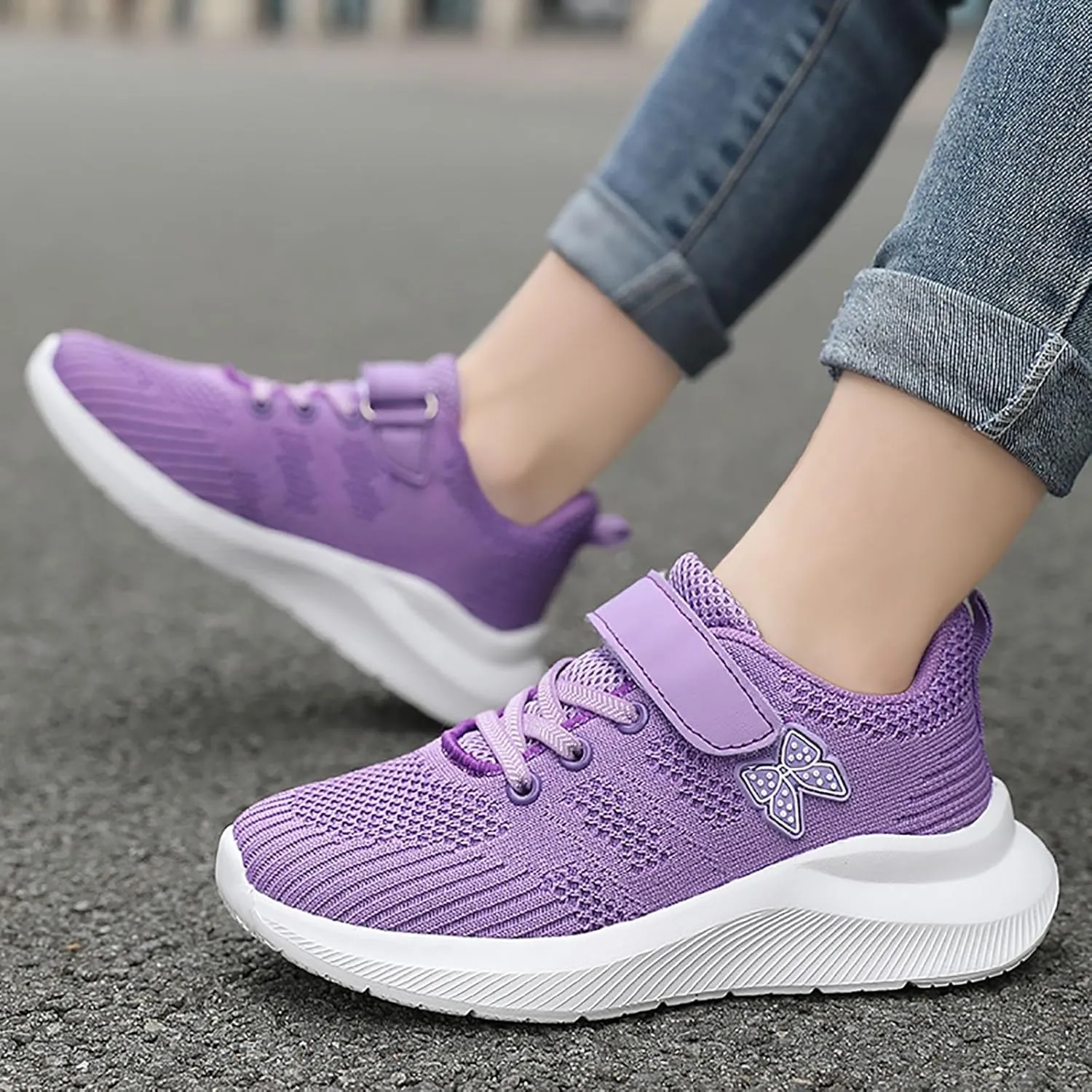 Sneakers for Girls Breathable Knit Mesh Running Shoes with Hook and Loop Kids Sports Lightweight Casual Walking Sneakers