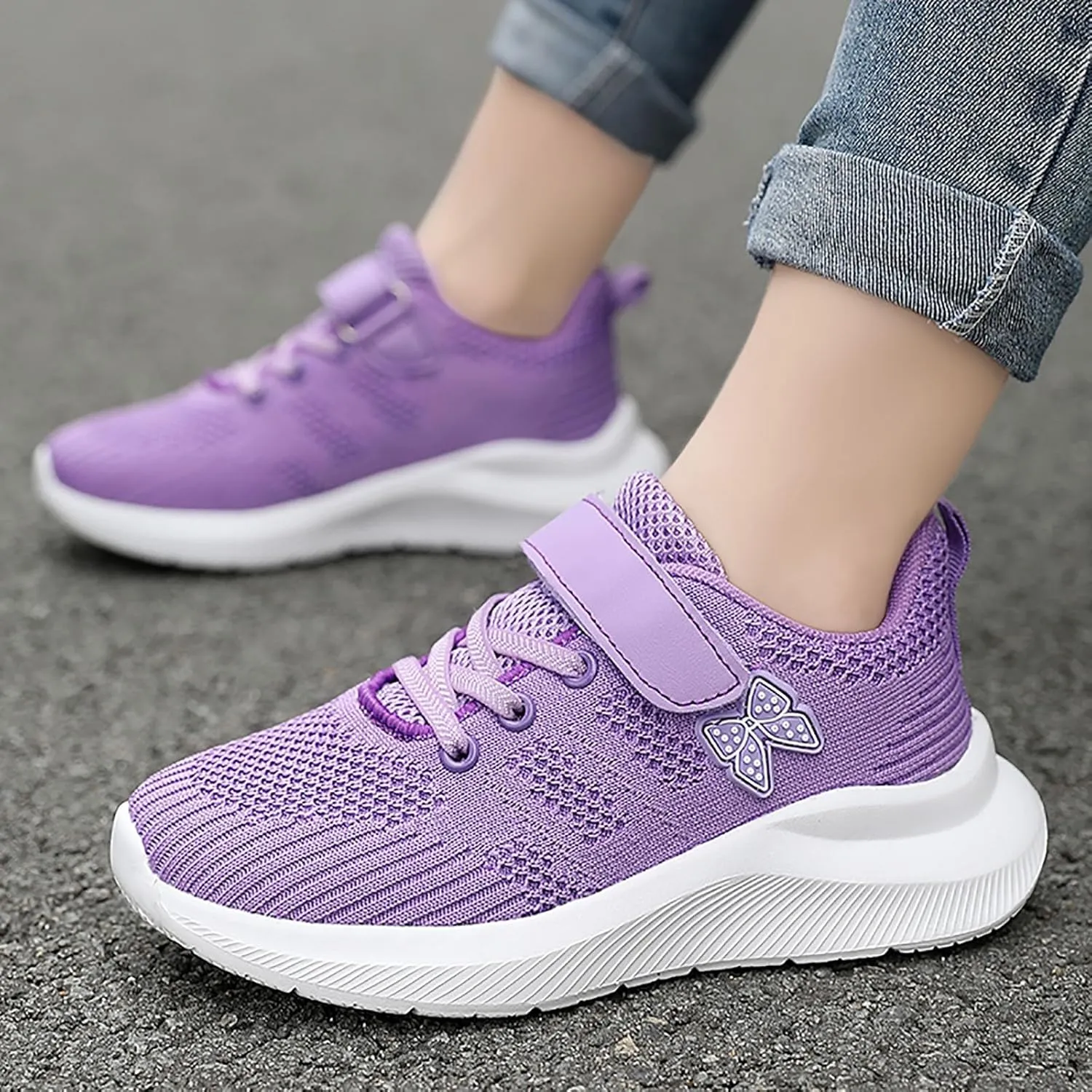 Sneakers for Girls Breathable Knit Mesh Running Shoes with Hook and Loop Kids Sports Lightweight Casual Walking Sneakers