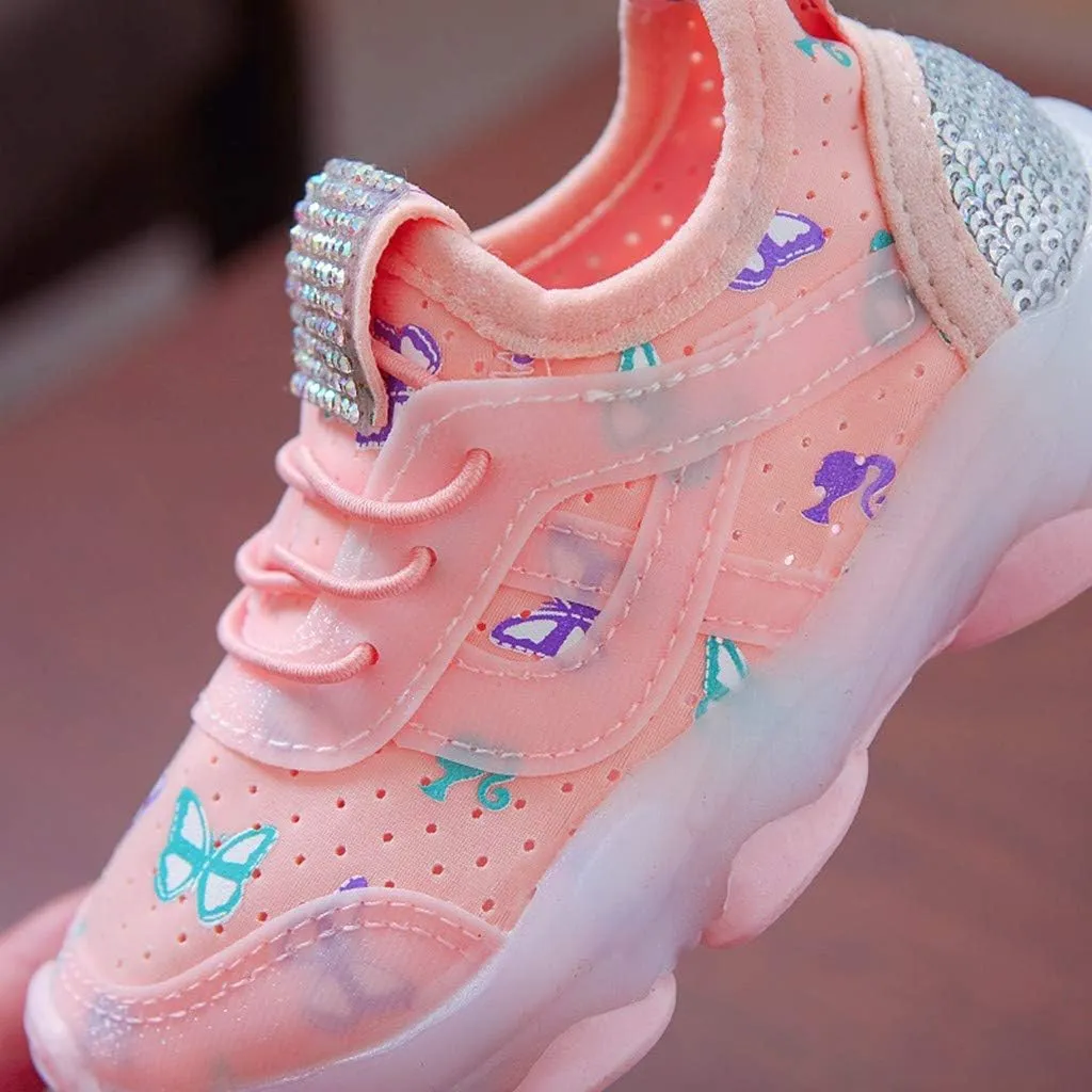 Sneakers for Girls Butterfly Crystal Luminous Sports Running Shoes for Kids LED Light Breathable Elastic Outdoor Shoes